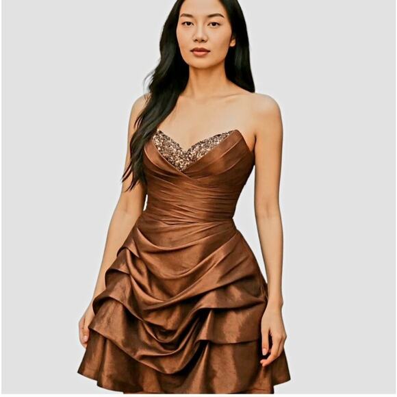 Aspeed Spaghetti Strap Cocktail Dress with Sequin Bead Embellishments Brown XL - Picture 16 of 16